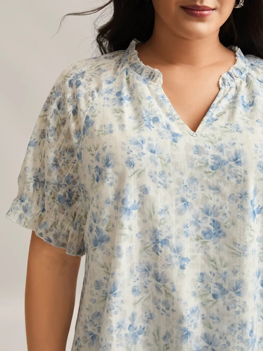 Floral Print Embroidered Petal Trim Blouse