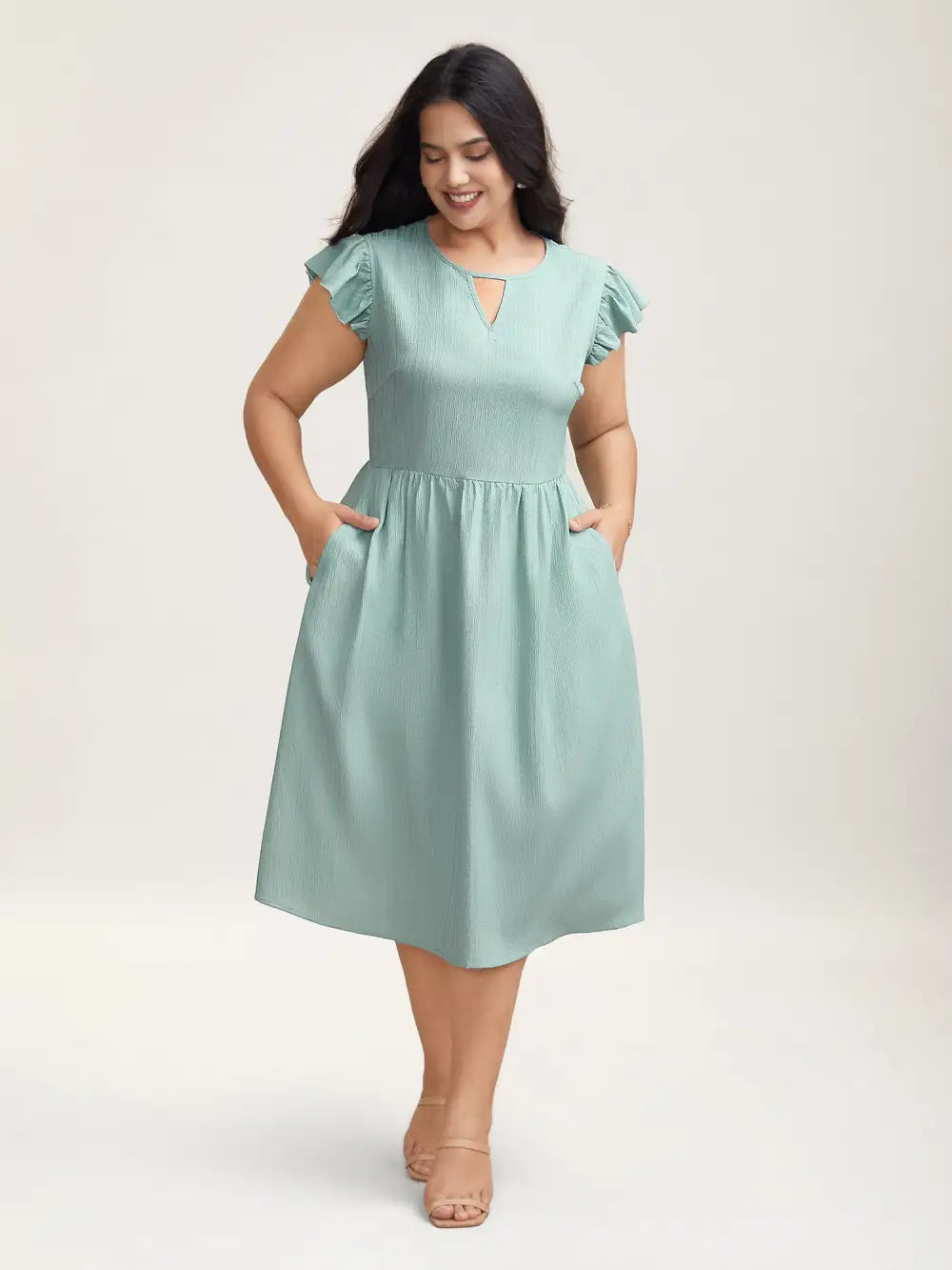 Textured Back Cut-Out Flutter Sleeve Midi Dress