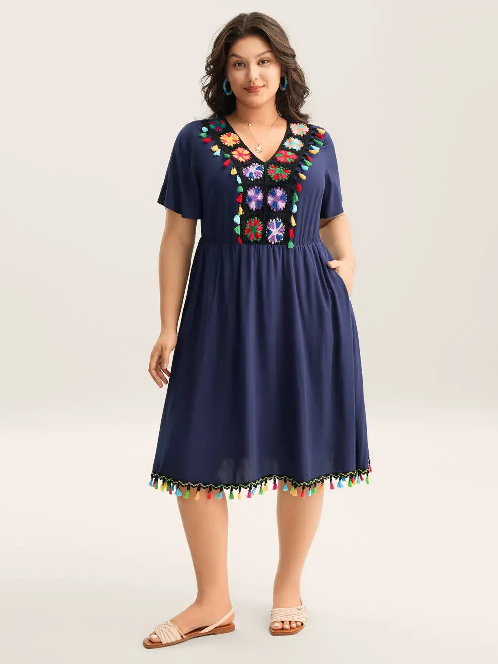 Rayon Colorful Tassels Stretchy Waist Midi Dress