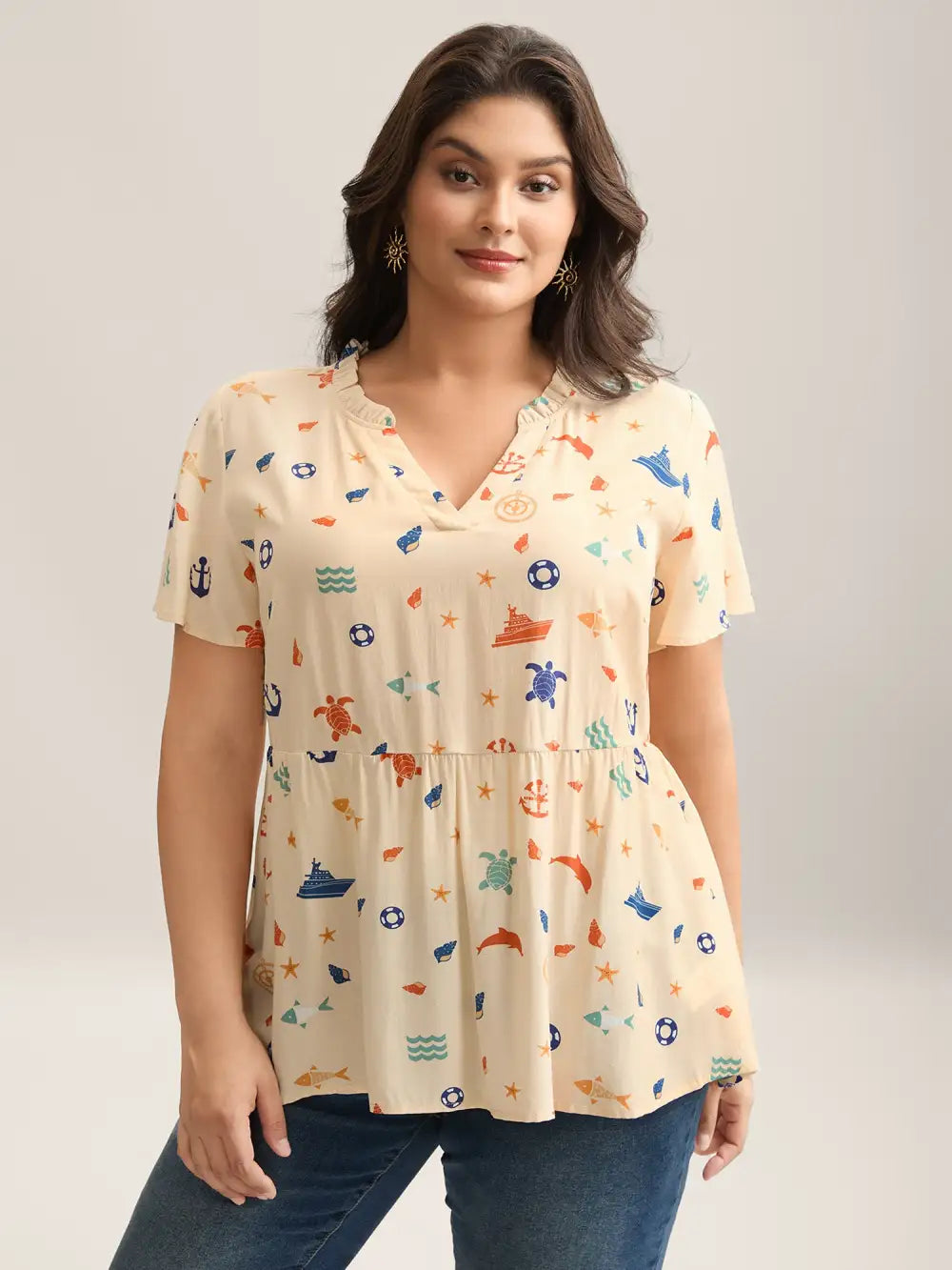 Whimsical Print Stretchy Waist Rayon Blouse