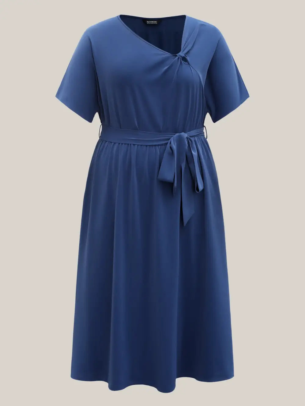 Keyhole Belted Pockets Plain Midi Dress