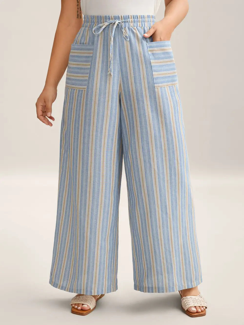 Stripes Pockets Wide-Leg Pants