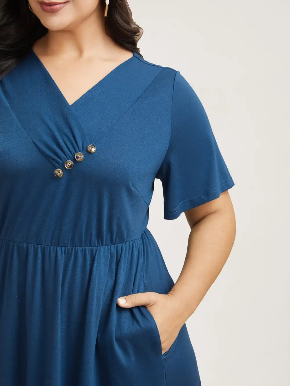 Button Detail Pleated Pockets Midi Dress