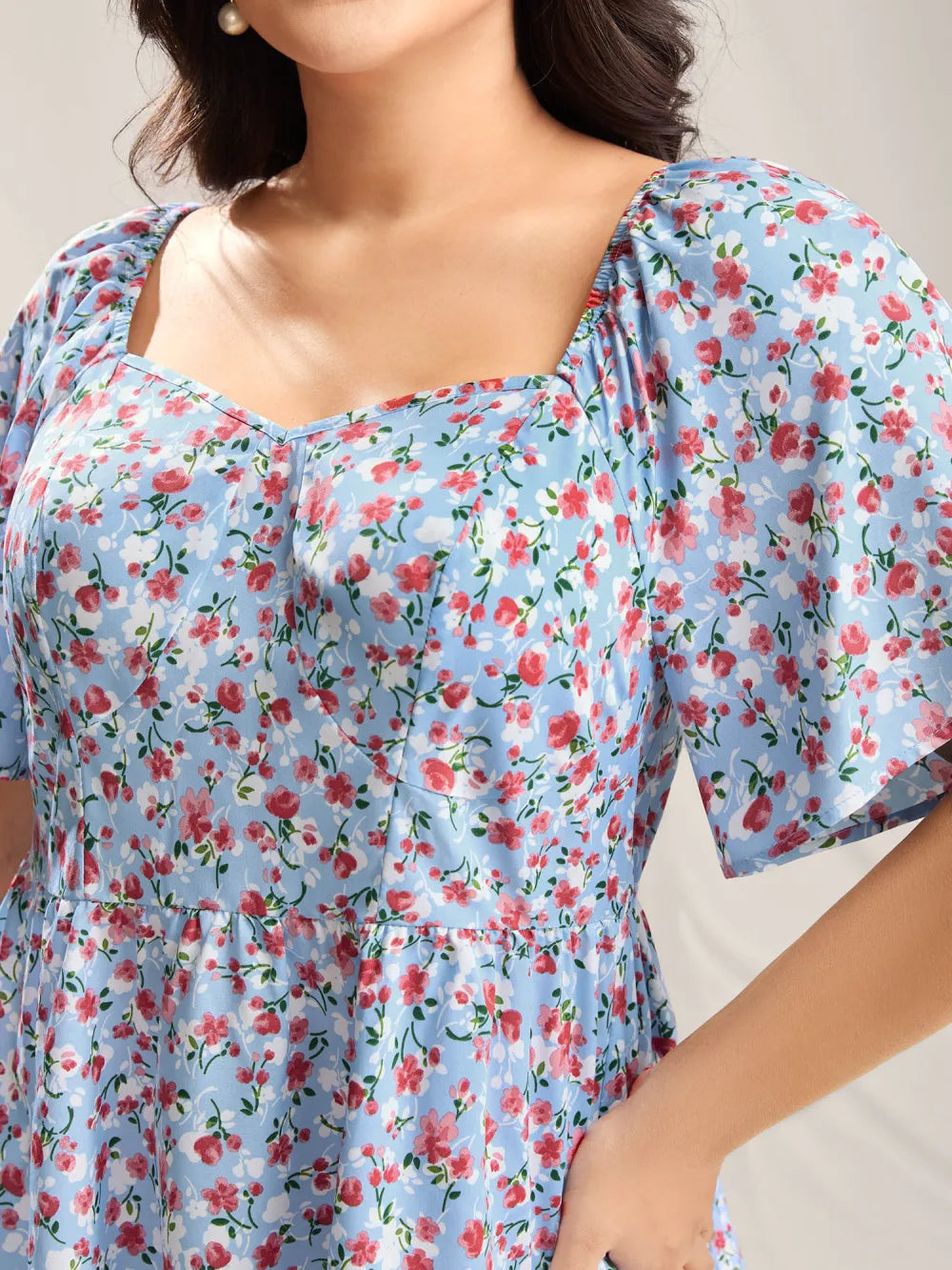 Floral Print Sweetheart Cinched-Waist Blouse