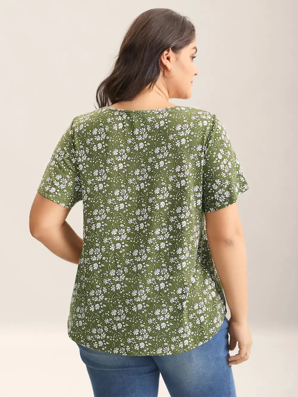 Floral Print Shirred Neck T-Shirt