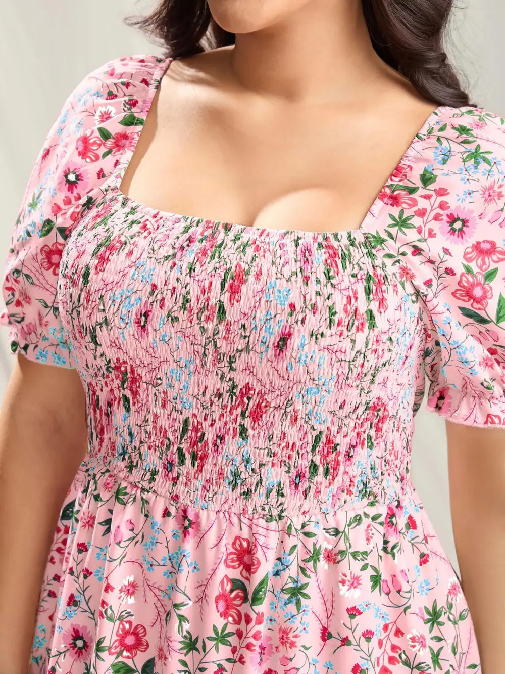 Shirred Floral Print Pockets Maxi Dress