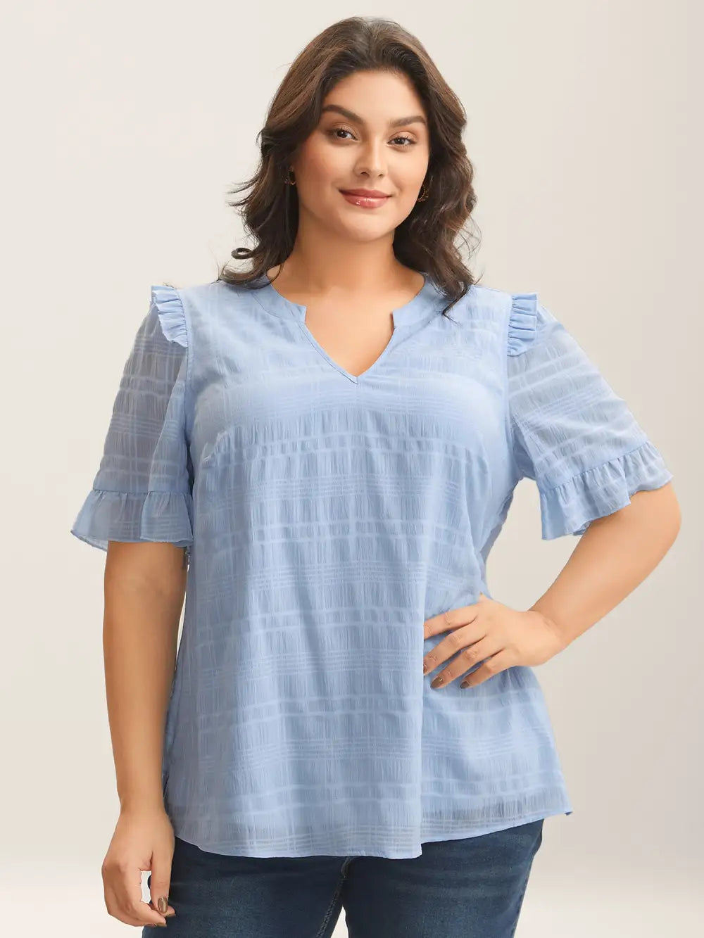 Checked Texture Jacquard Notched Collar Blouse