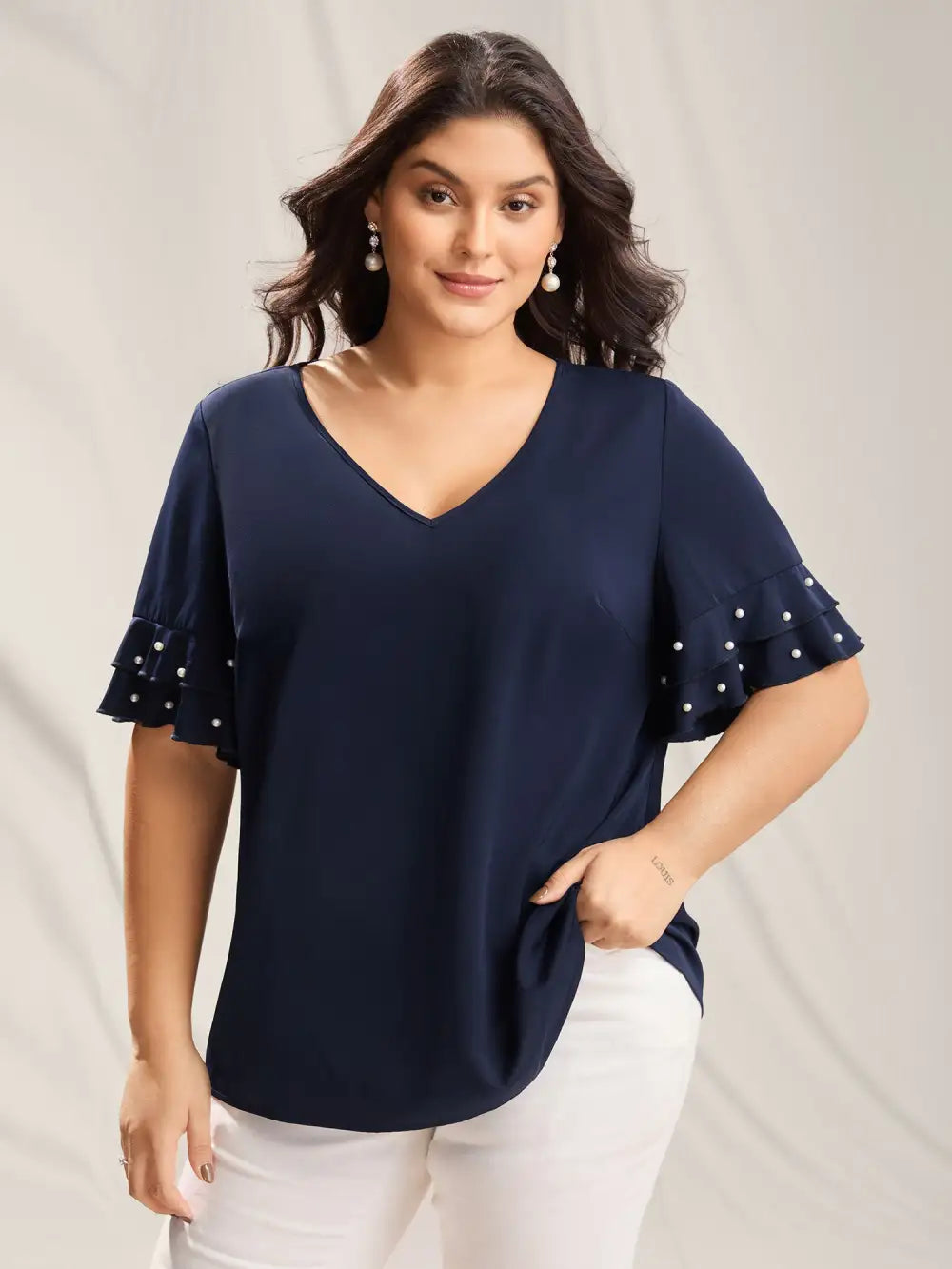 Beaded Layered Sleeve Plain Blouse