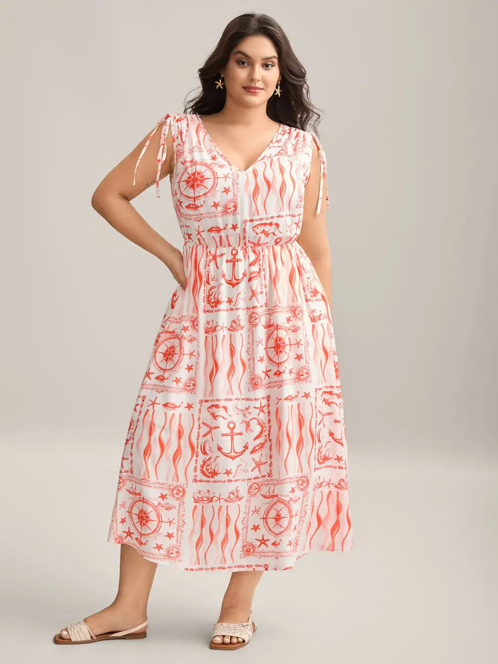 Nautical Print Sleeveless Ties Pockets Maxi Dress