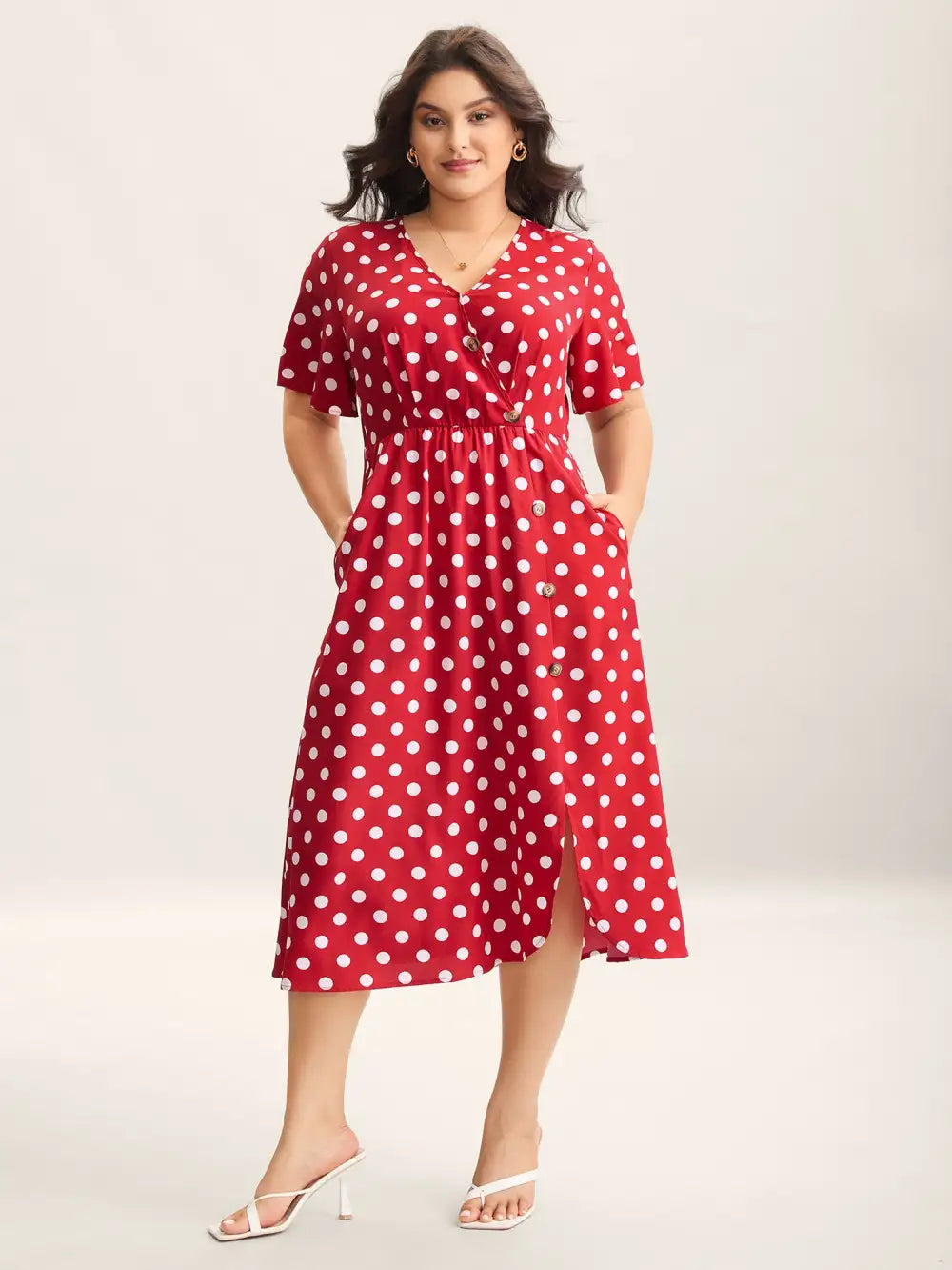 Polka Dots Surplice Button Detail Midi Dress