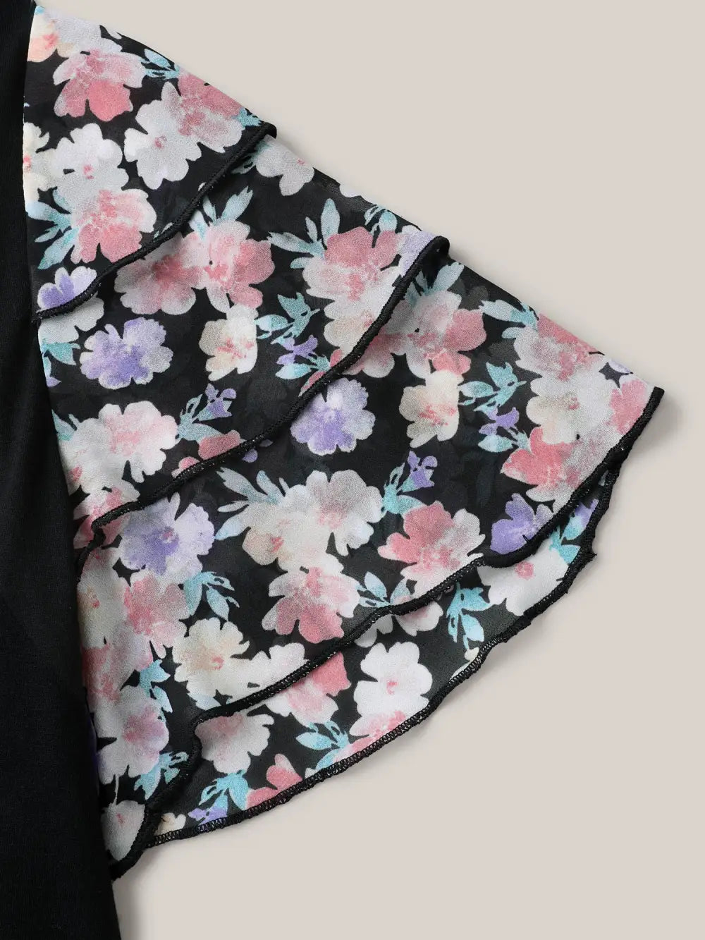 Floral Layered Sleeve Spliced Plain T-Shirt