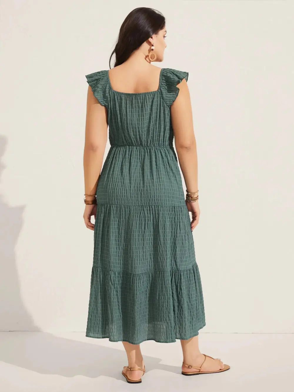 Textured Ruffled Neck Pockets Midi Dress