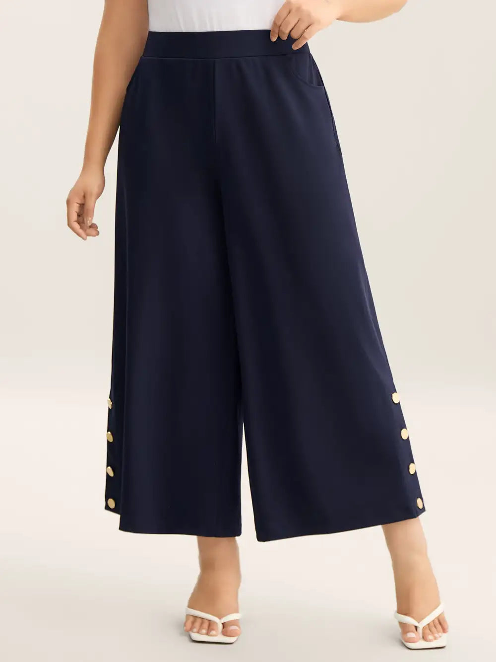 Button Detail Wide-Leg Pull-On Pants