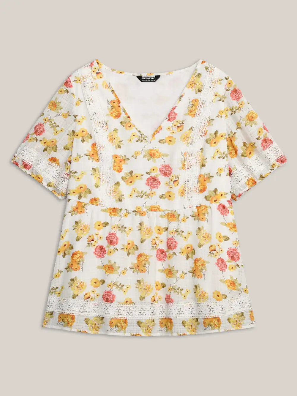 Floral Lace Trim Textured Babydoll Top
