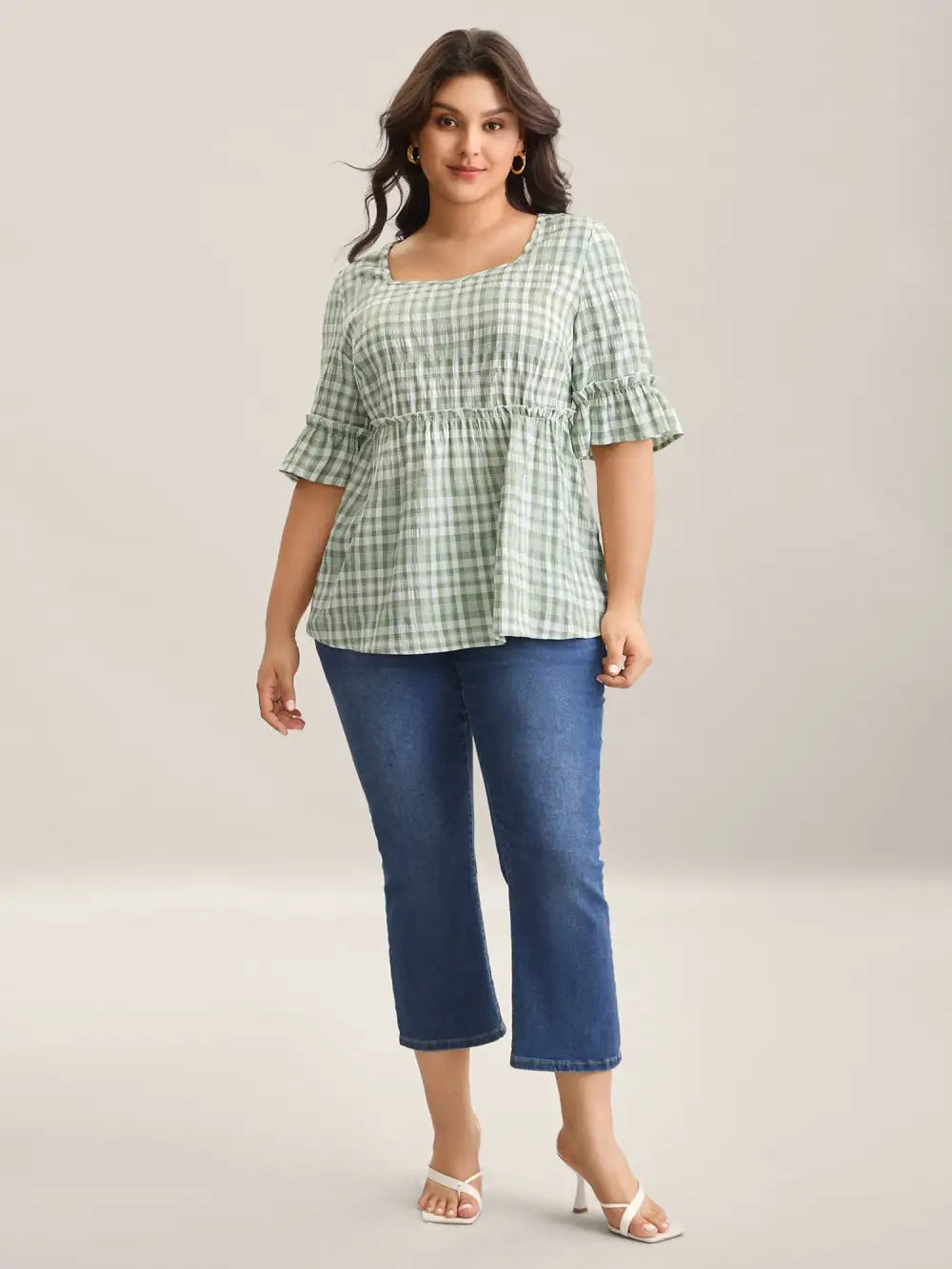 Plaid Pattern Ruffled Sleeve Babydoll Top