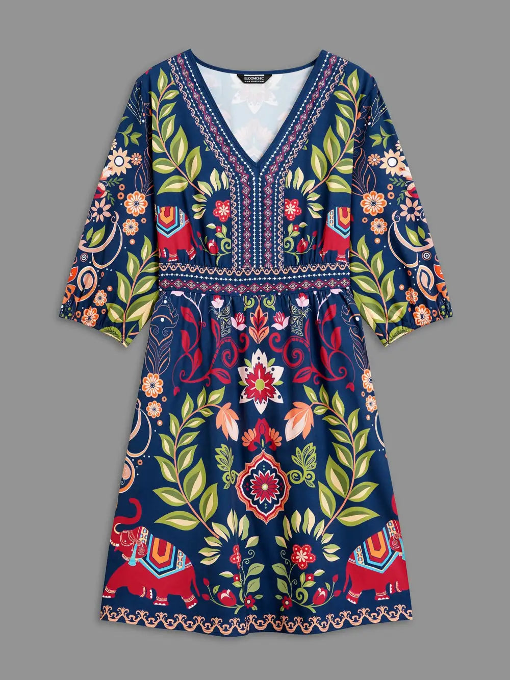 Boho Print V-Neck Pockets Midi Dress