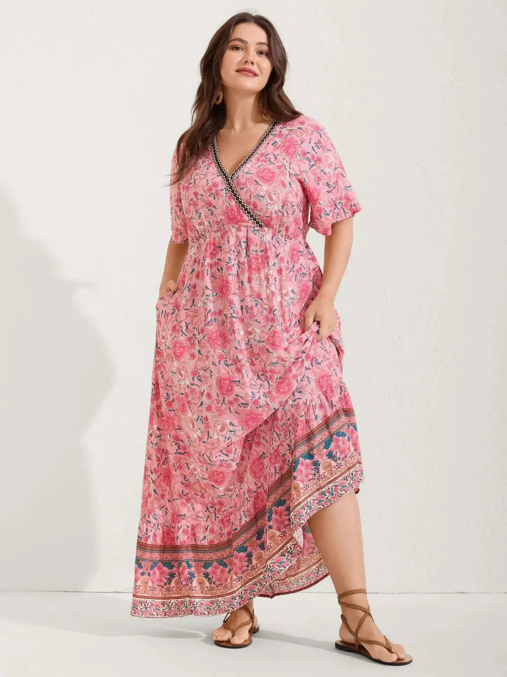 Rosy Floral Print Lace Maxi Dress