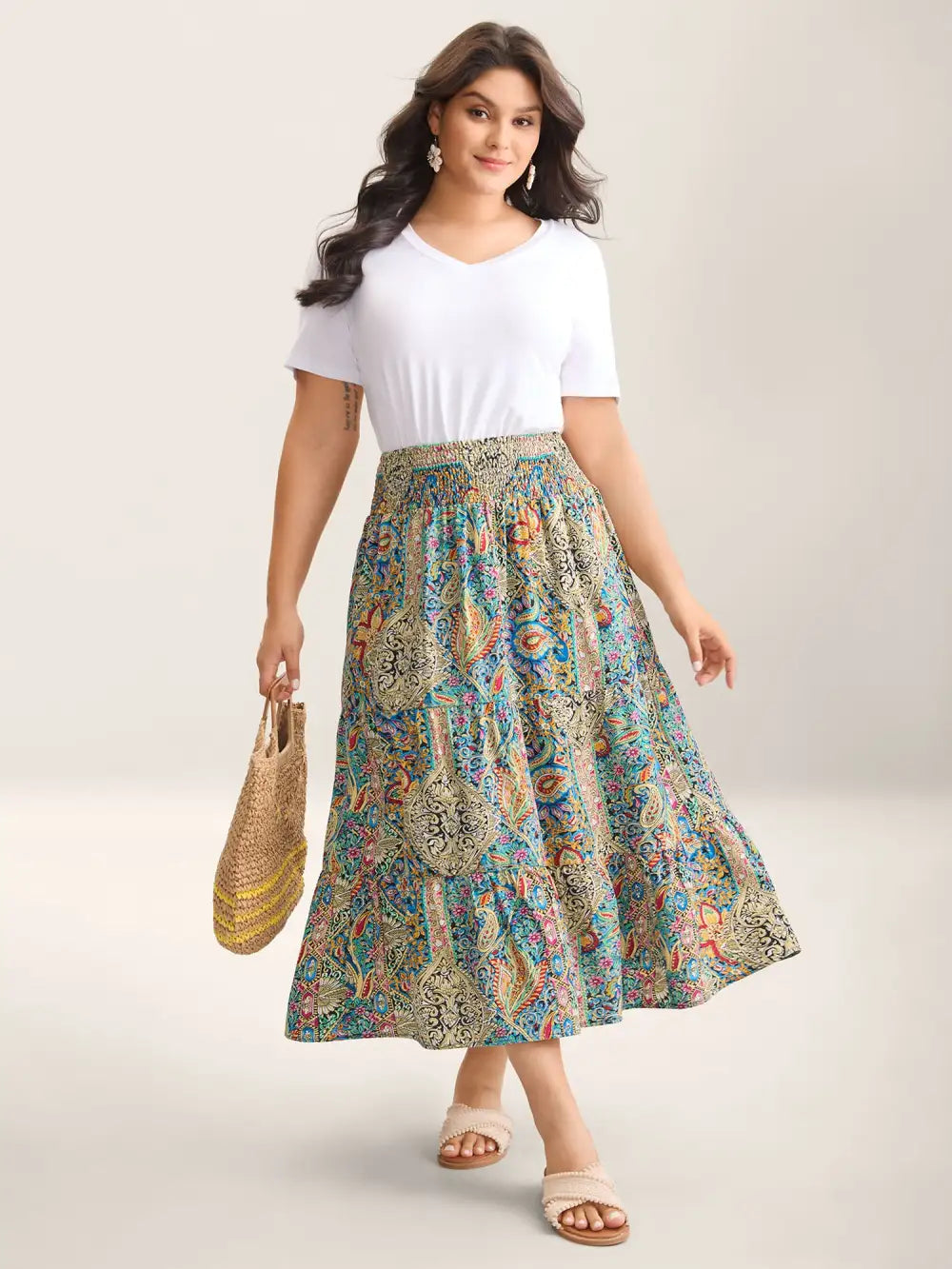 Paisley Print Shirred Waist Midi Skirt