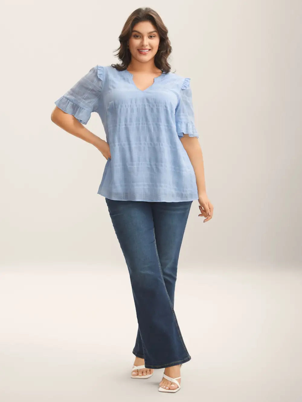 Checked Texture Jacquard Notched Collar Blouse