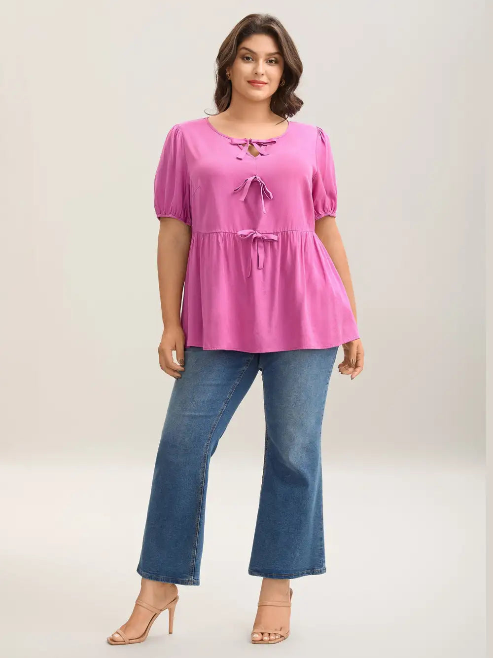 Bow Detail Plain Babydoll Puff Sleeve Shirt