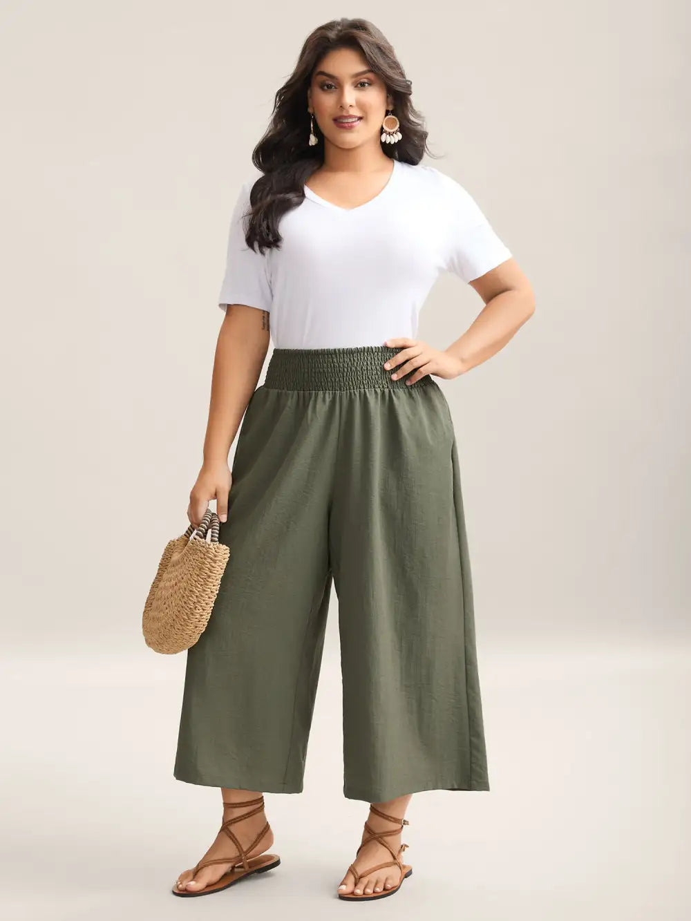 Shirred Waist Wide-Leg Solid Pants