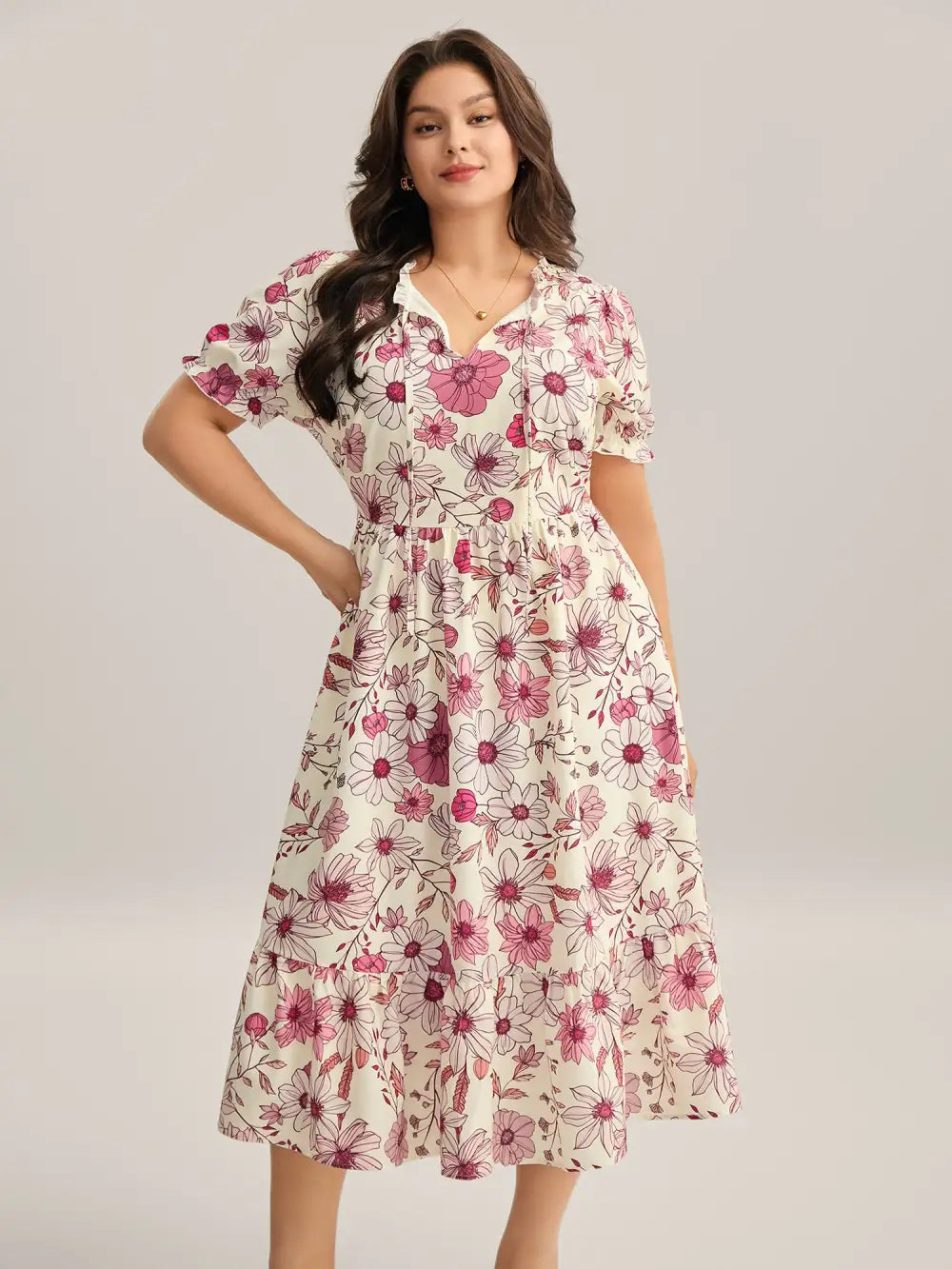 Floral Print Neck Tie Tiered Maxi Dress