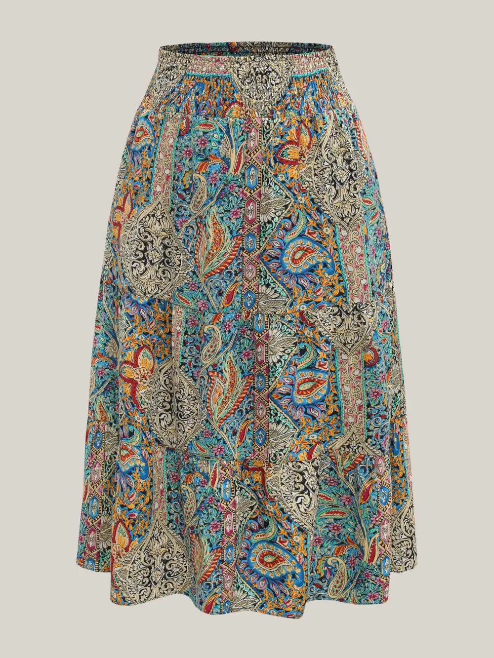 Paisley Print Shirred Waist Midi Skirt