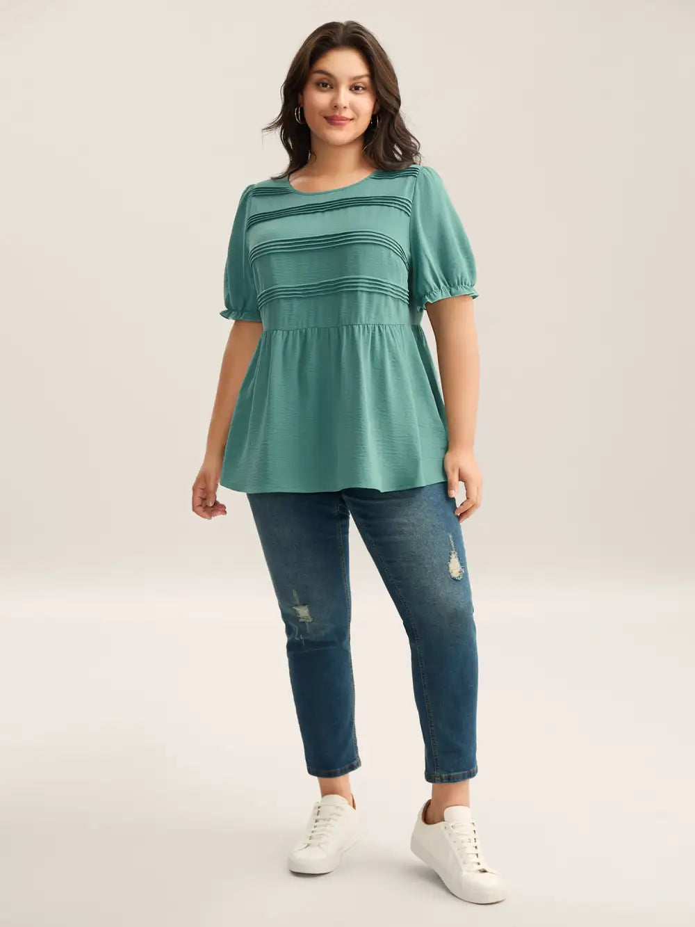 Pleated Bodice Puff Sleeve Plain Top