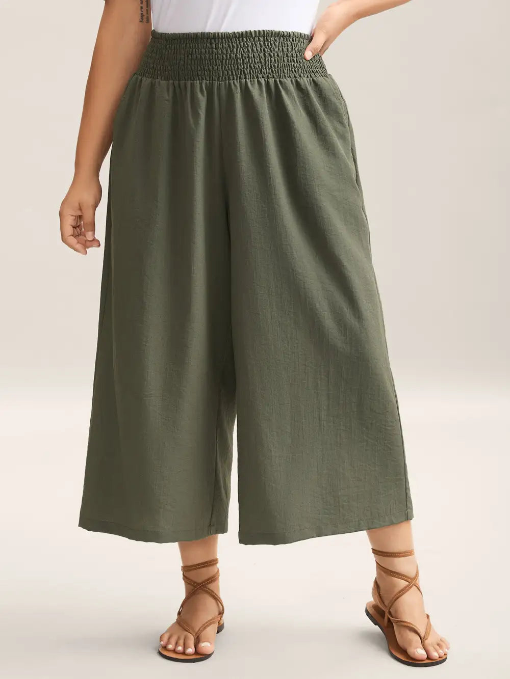 Shirred Waist Wide-Leg Solid Pants