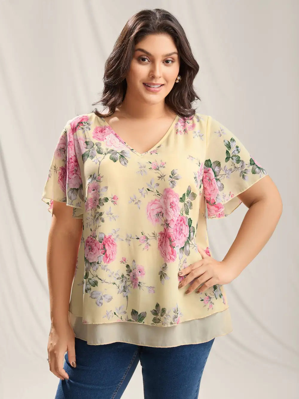Large Flower Print Layered Hem Blouse