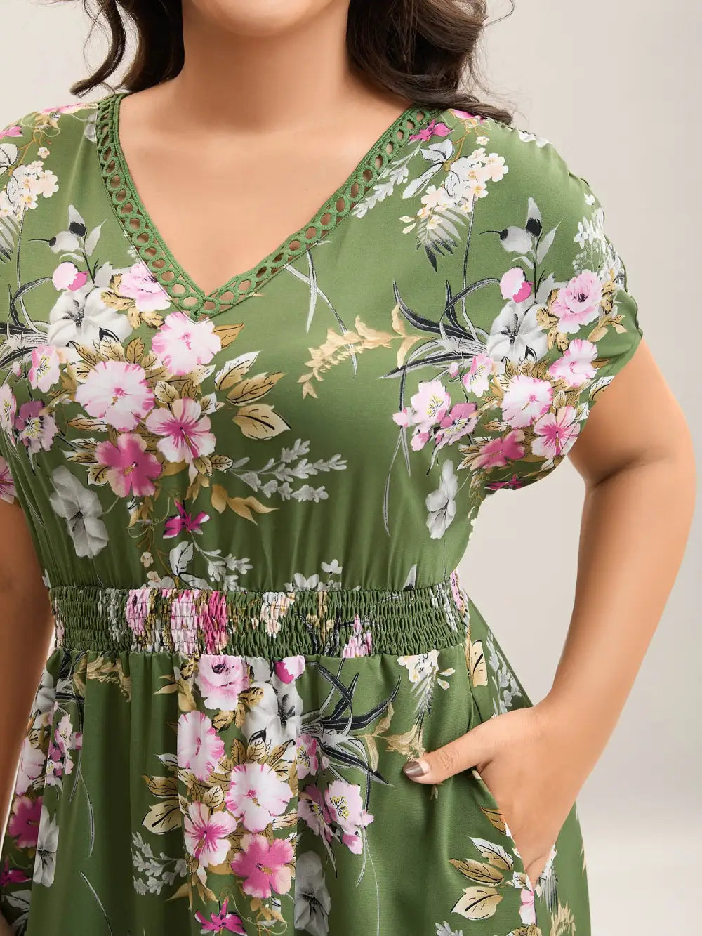 Floral Print Lace Trim Pockets Maxi Dress