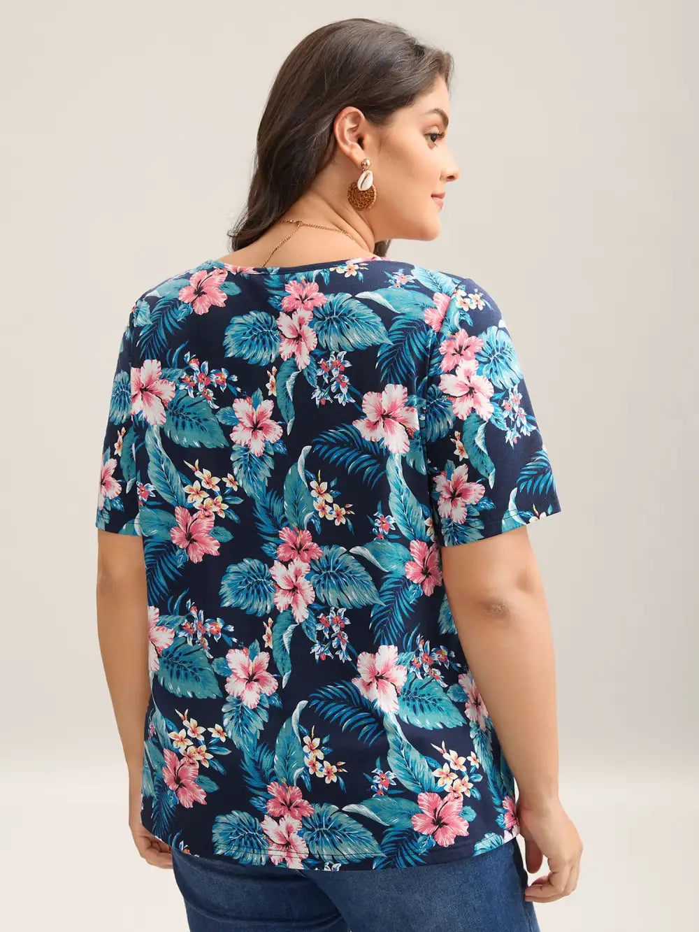 Large Flower Print Toothpick Pleat T-Shirt