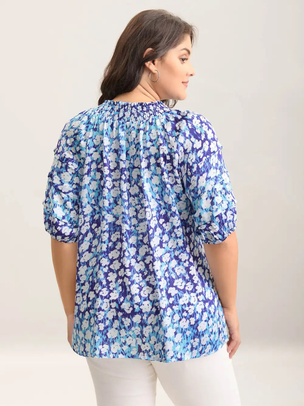 Cloud Print Shirred Collar Tiered Sleeve Blouse