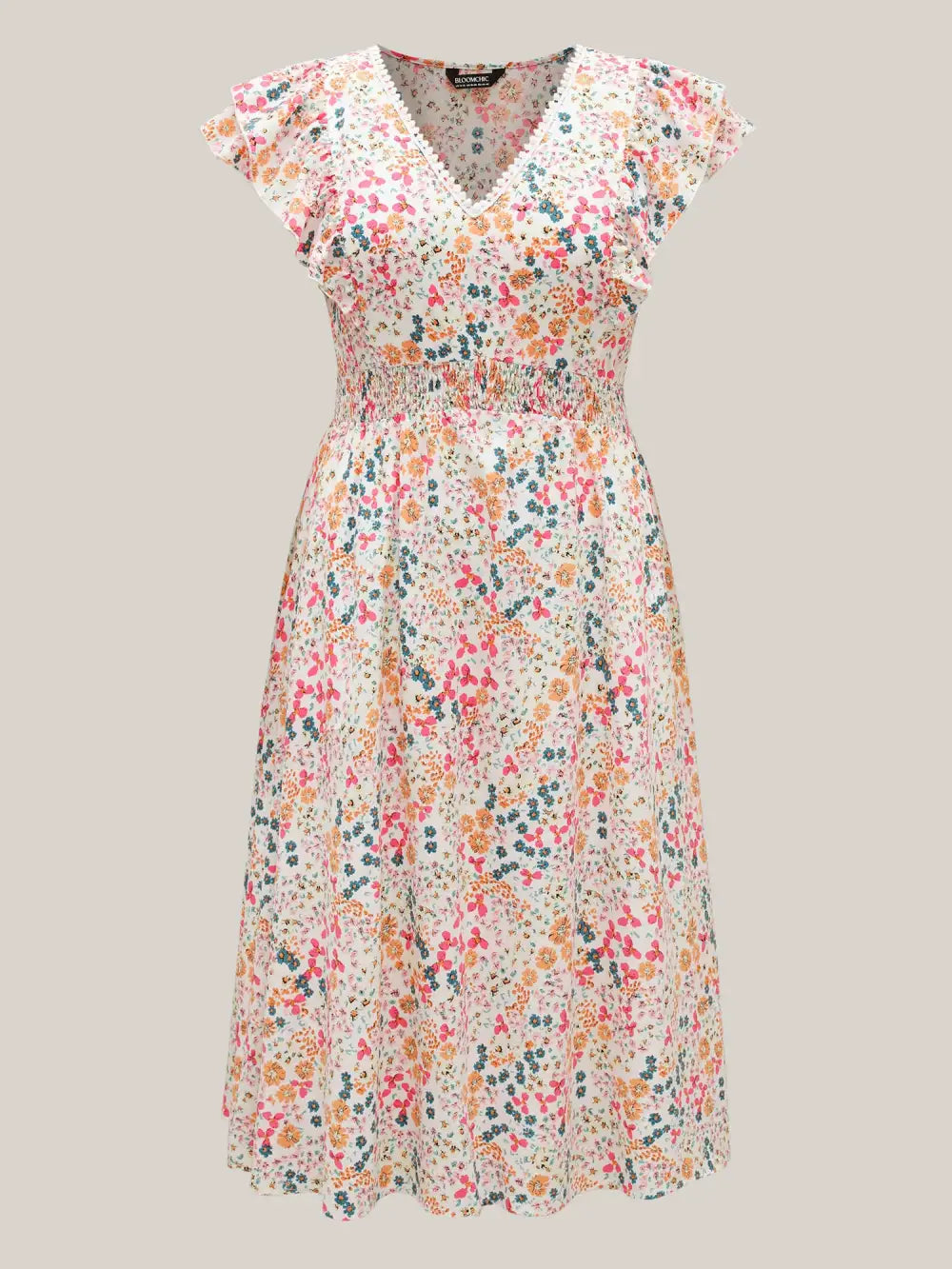 Sweet Floral Print Lace Neck Midi Dress
