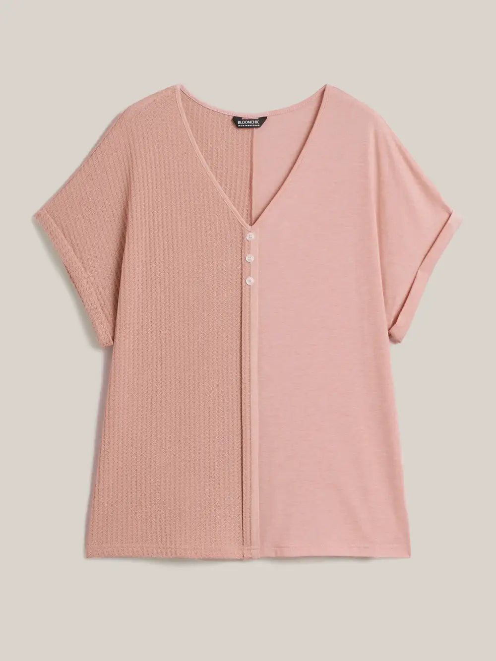 Textured Button Detail Spliced T-Shirt