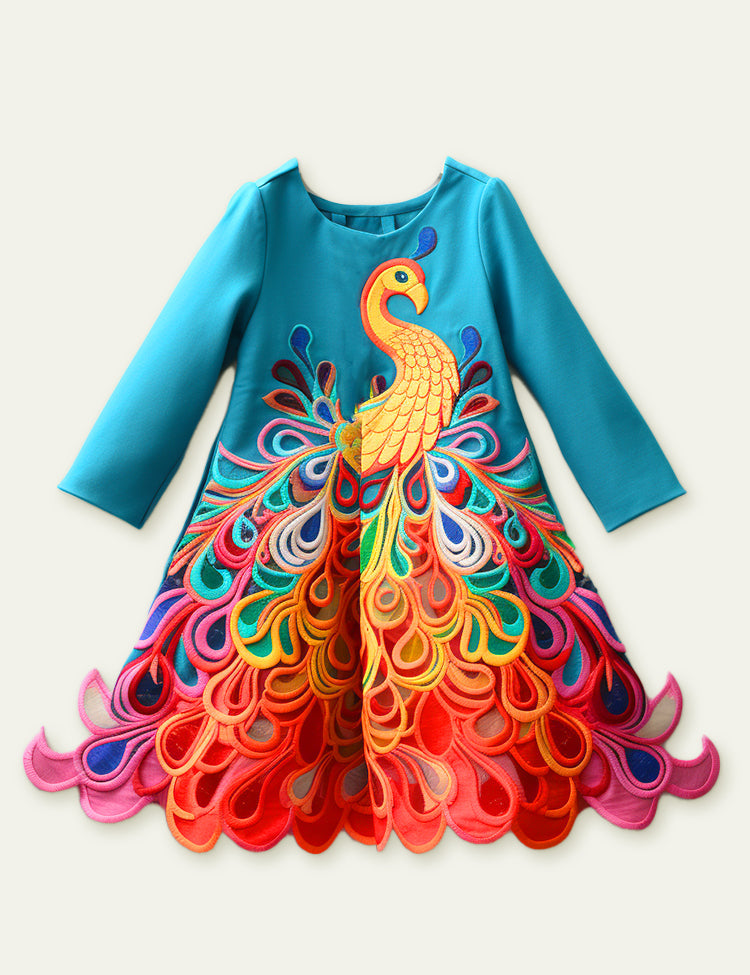 Toddler Kid Girl Gorgeous Peacock Long Sleeves Dress