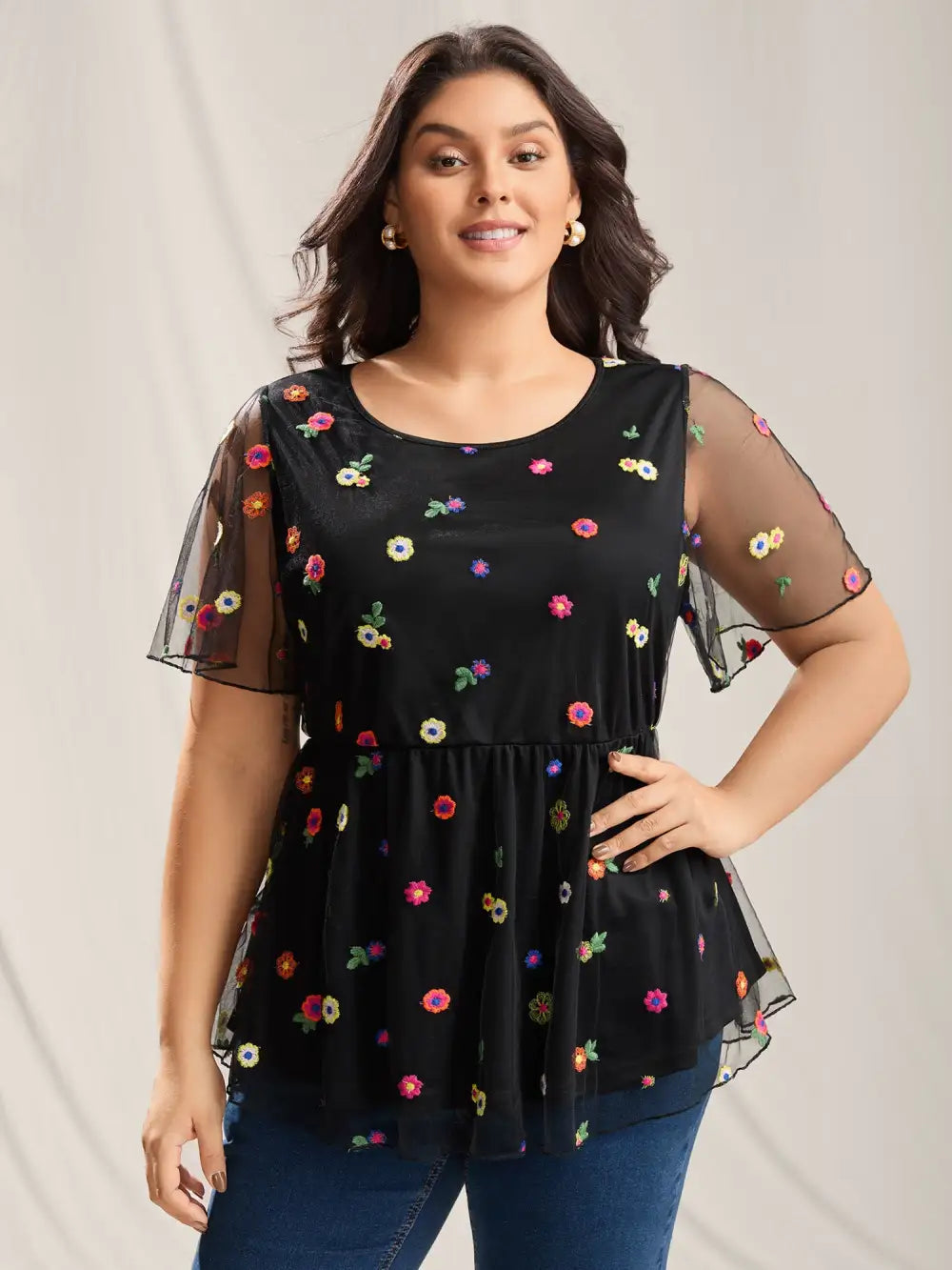 Floral Mesh Embroidery Babydoll Blouse
