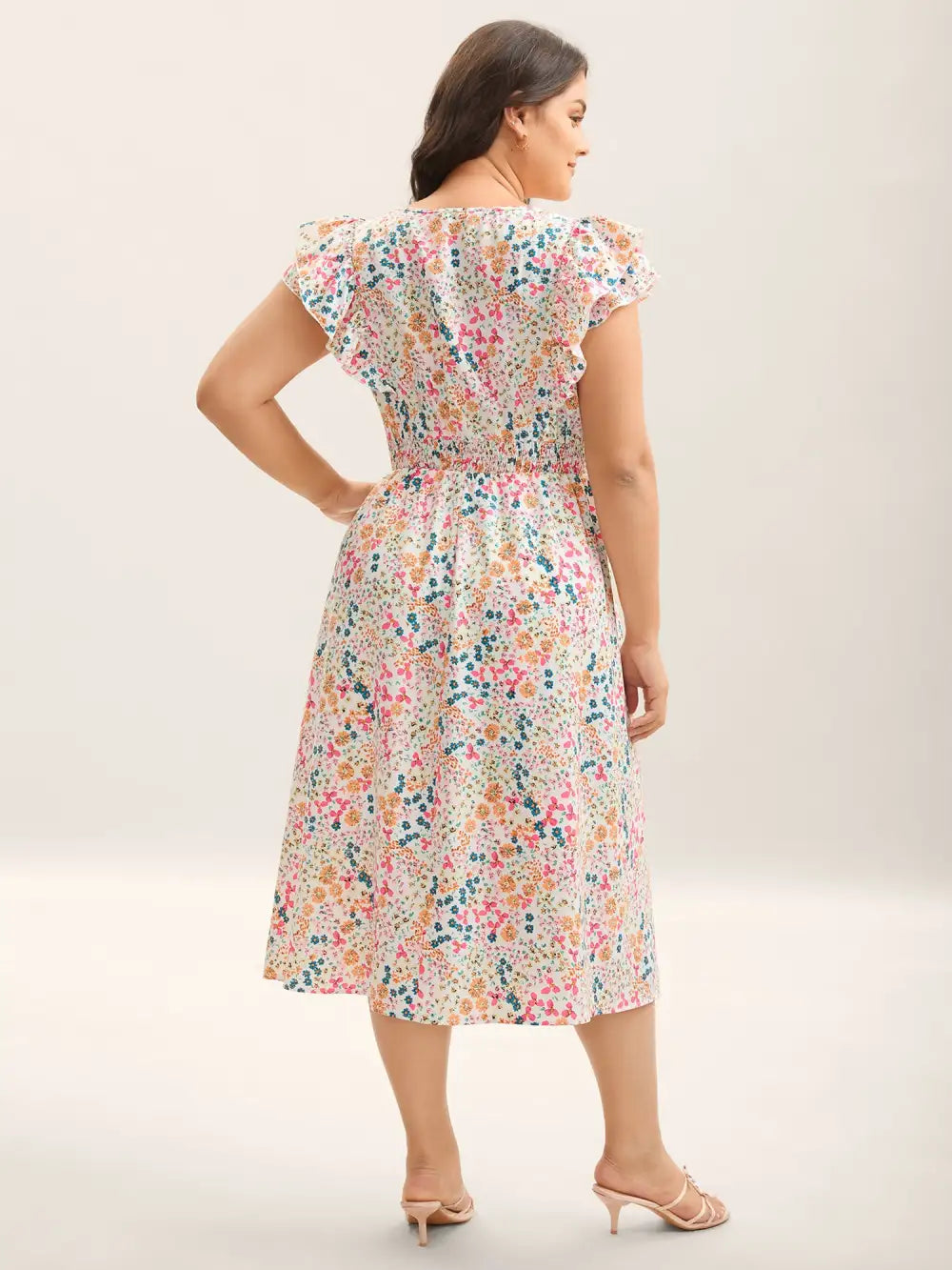 Sweet Floral Print Lace Neck Midi Dress
