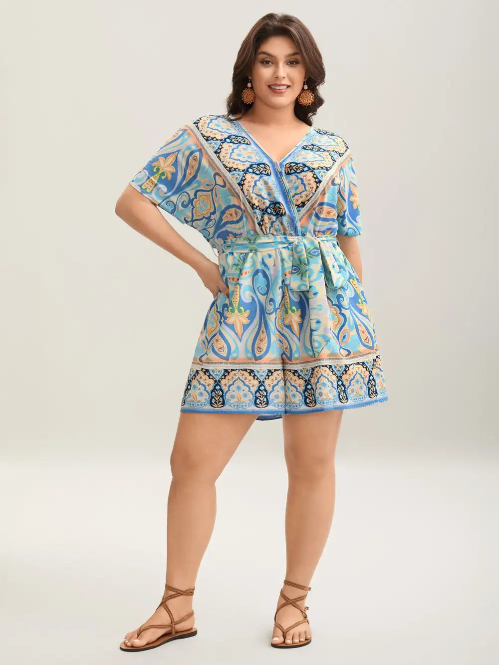 Boho Print Tie-Waist Pockets Romper