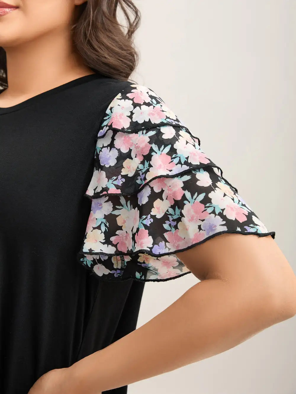Floral Layered Sleeve Spliced Plain T-Shirt
