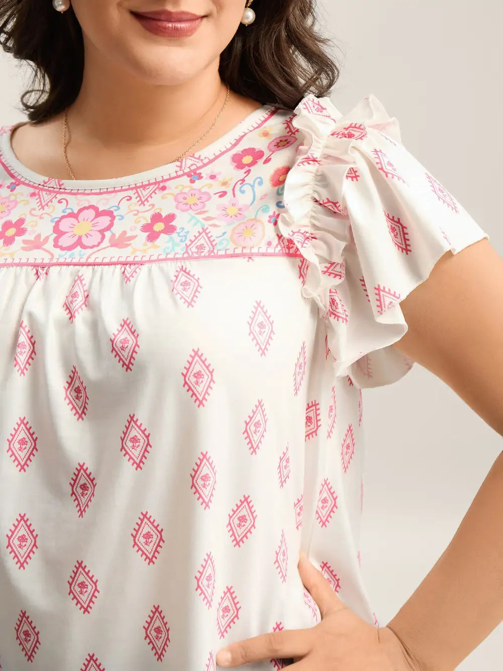 Boho Print Ruffled Sleeve Sheer Top