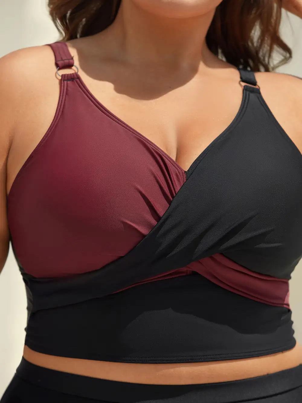 Color Block Twist Front Ruched Swim Top
