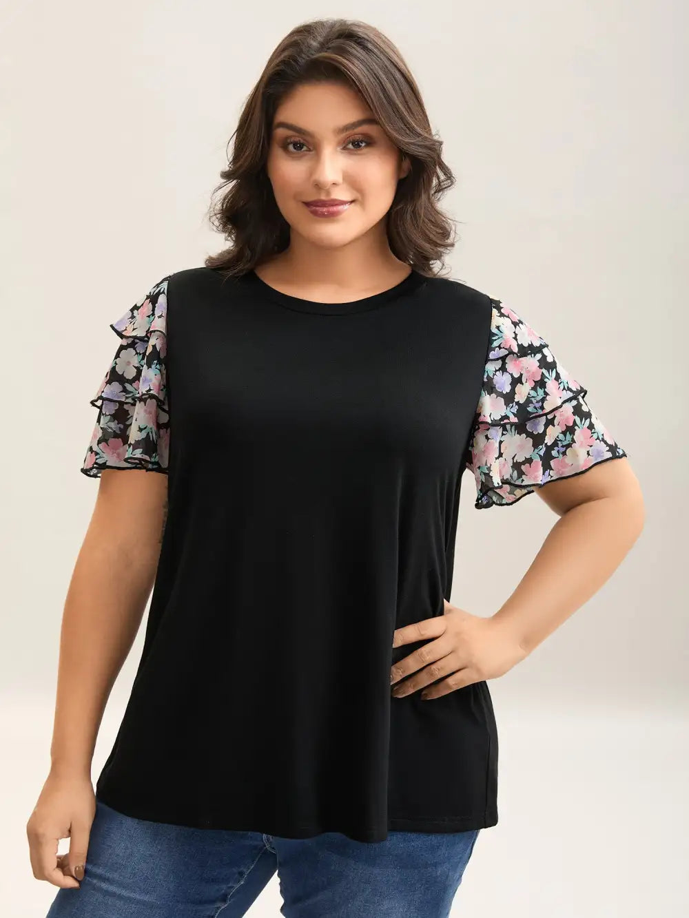 Floral Layered Sleeve Spliced Plain T-Shirt