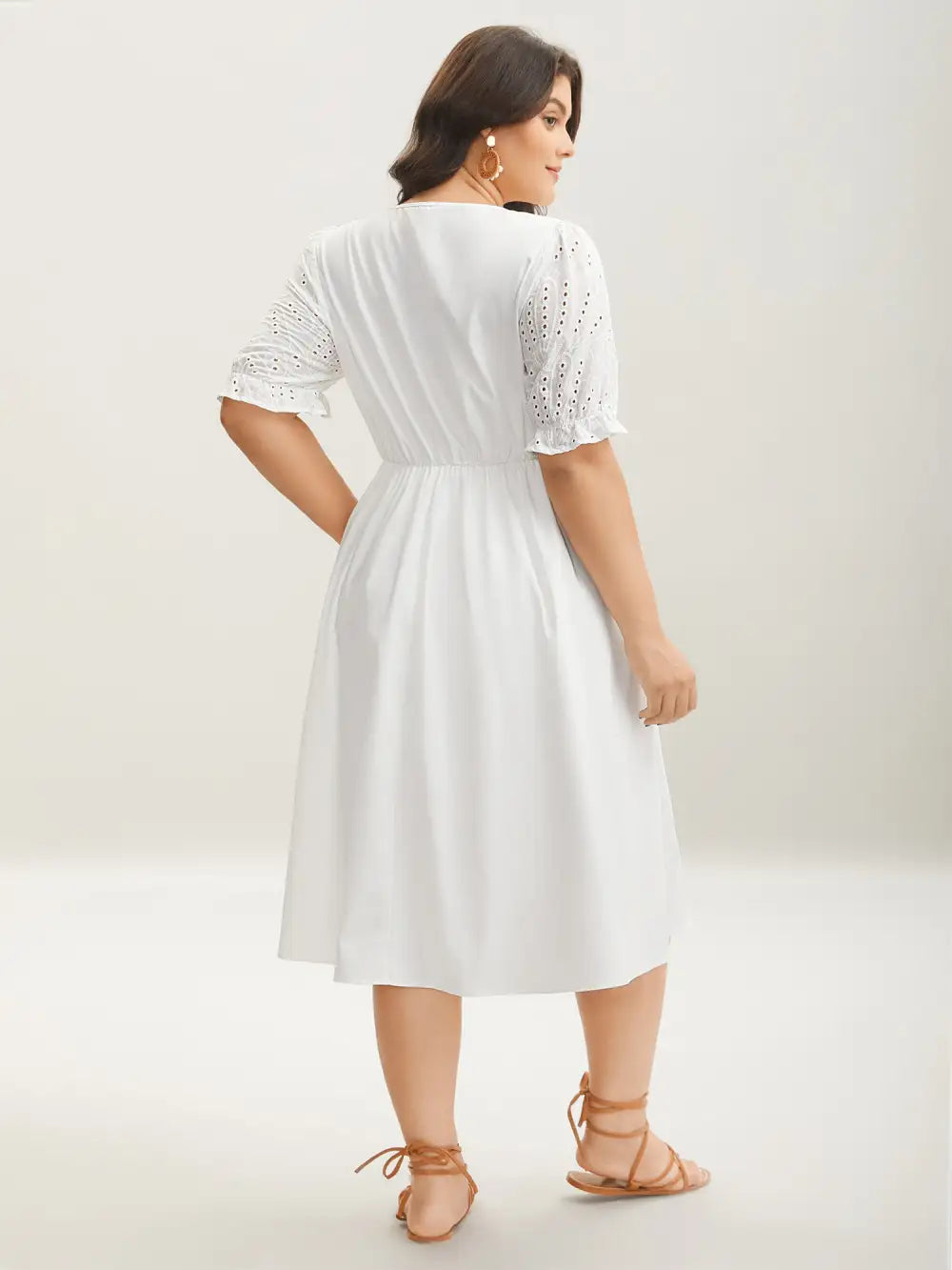 Textured Eyelet Sleeve Pockets Midi Dress