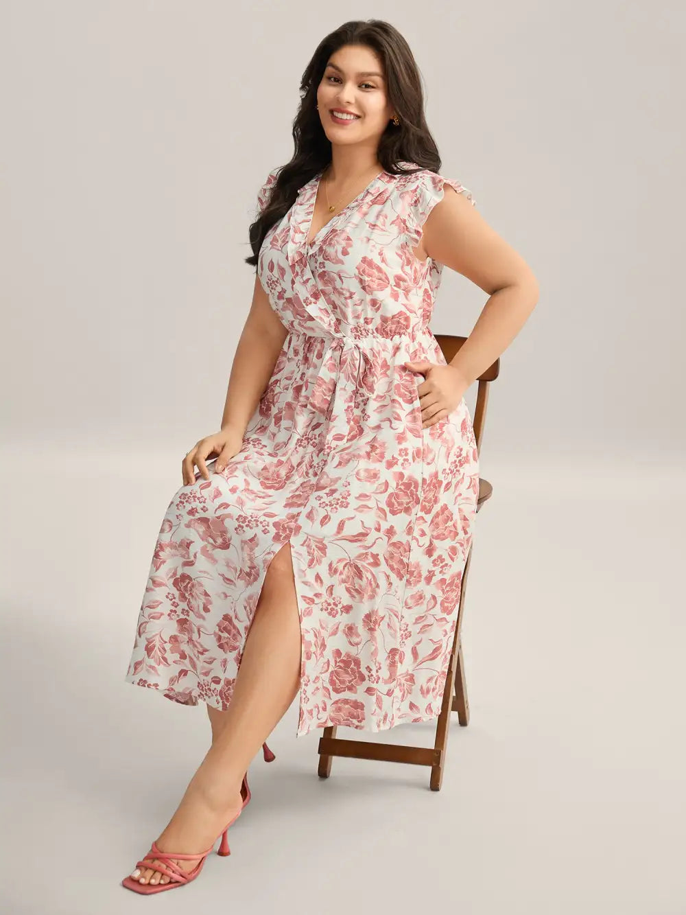 Monochrome Floral Print Ruffled Midi Dress