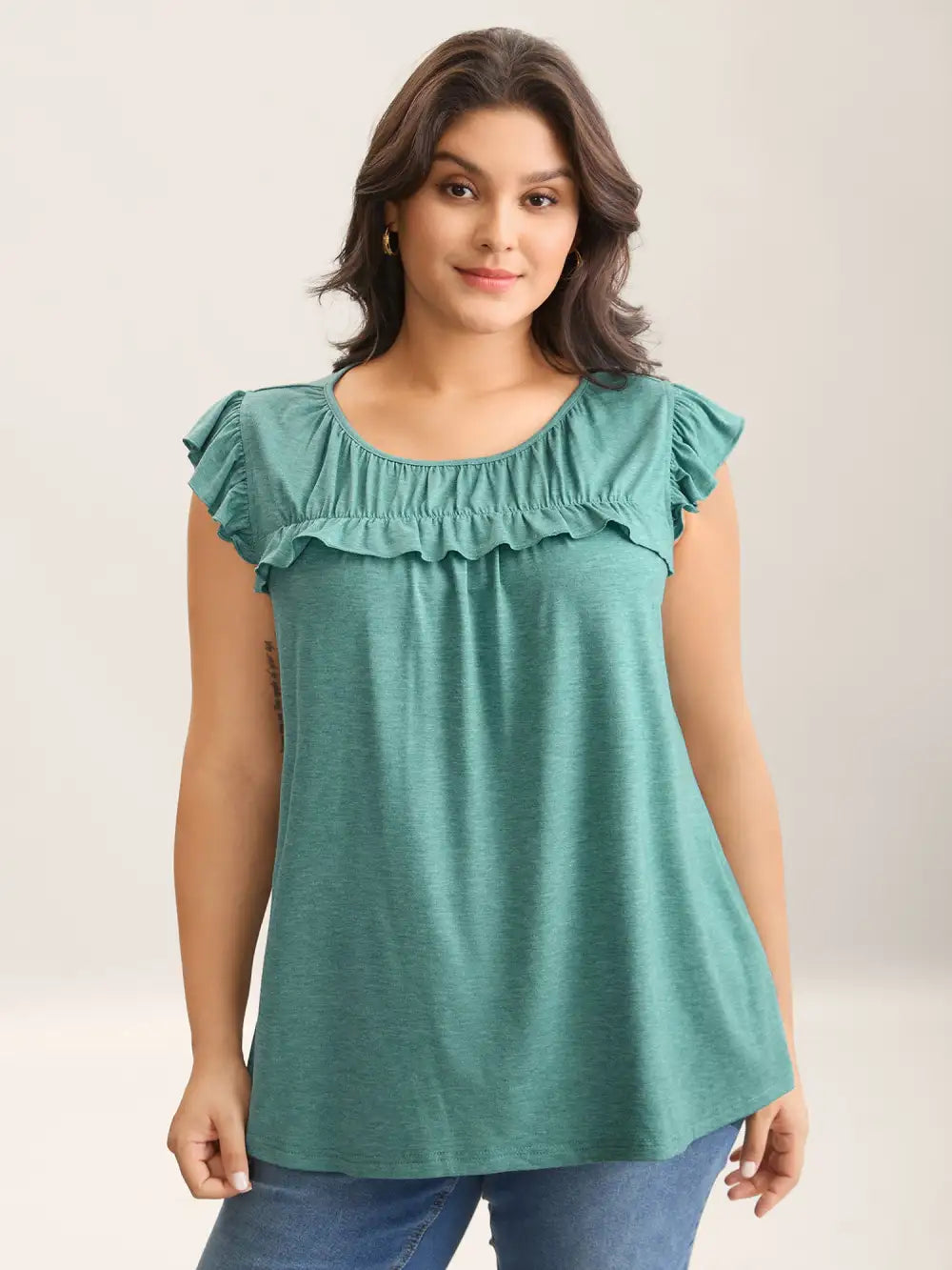 Pleated Neckline Flutter Sleeve Tank Top