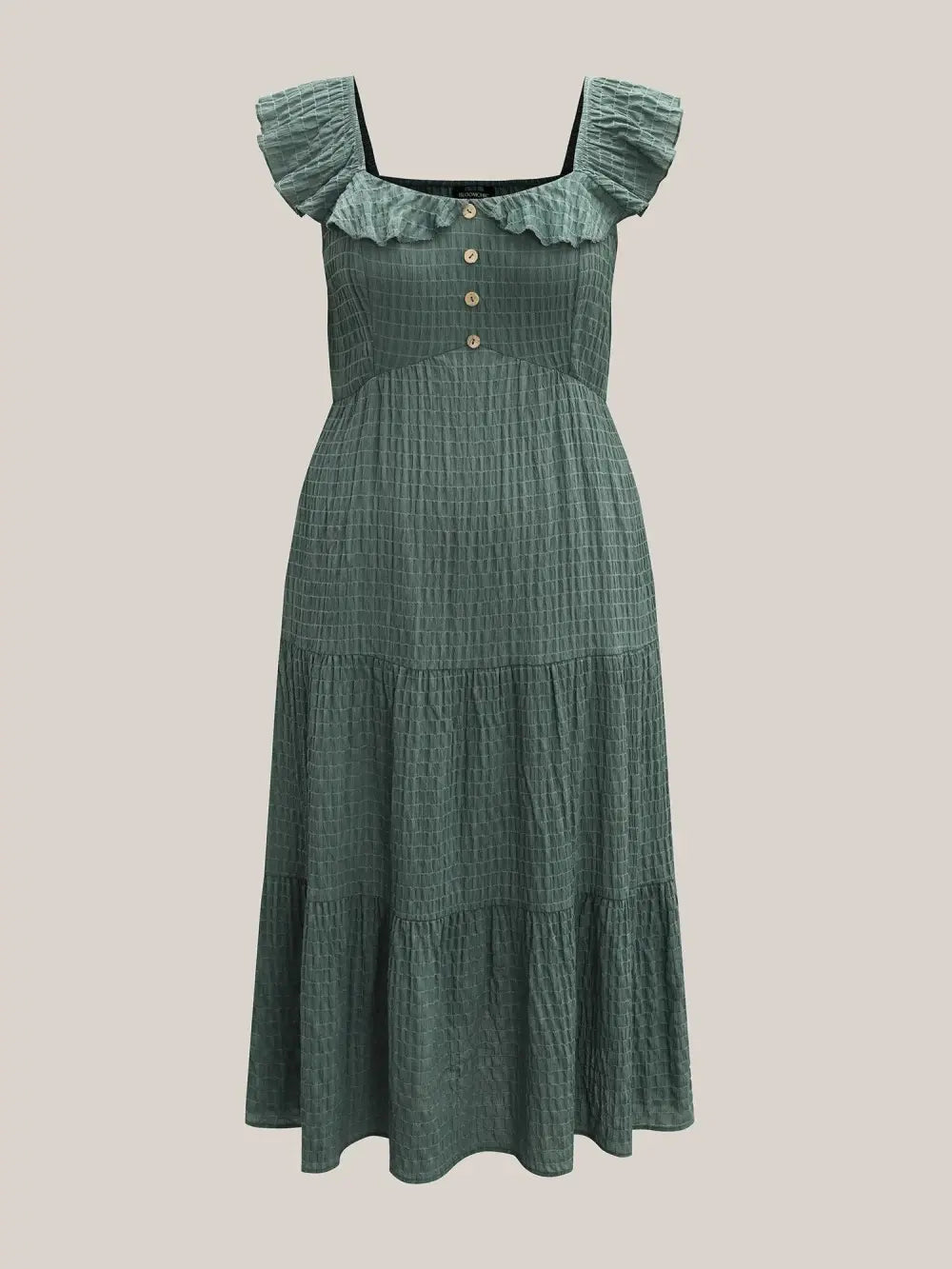 Textured Ruffled Neck Pockets Midi Dress