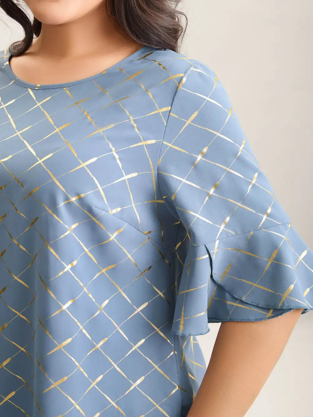 Glitter Plaid Ruffle Sleeve Blouse