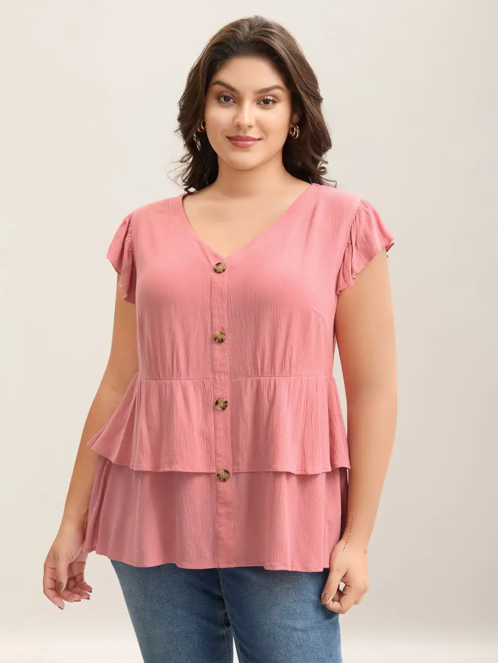 Rayon Ruffled Layered Hem Button Blouse