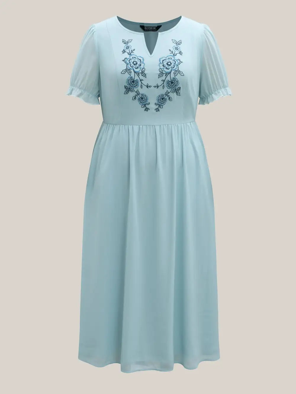 Embroidered Sheer Chiffon Pockets Midi Dress